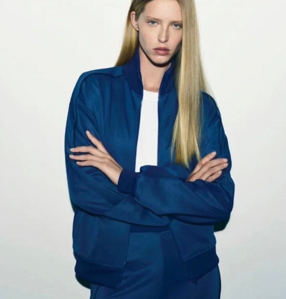 ZARA | Women's Full Zip Retro Jacket NEW Size Medium Blue Petrol Varsity Track
